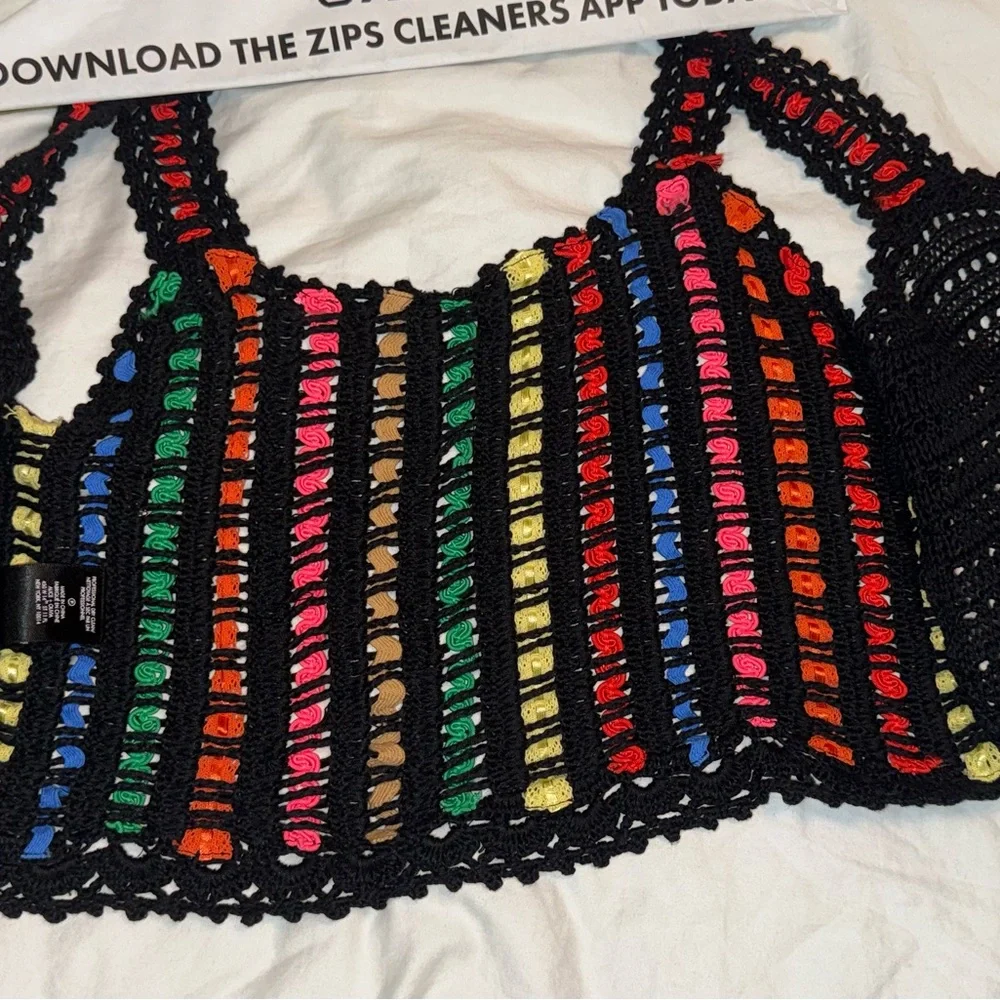 Alice + Olivia Lorri Crochet Crop Tank Top Black/Multi Size L - Picture 10 of 11